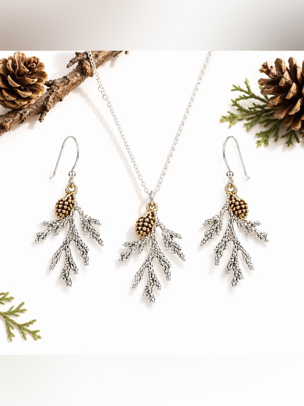 Boho Branch Jewelry Set, Pinecone Necklace Earrings, Nature Gold Silver, Artisan